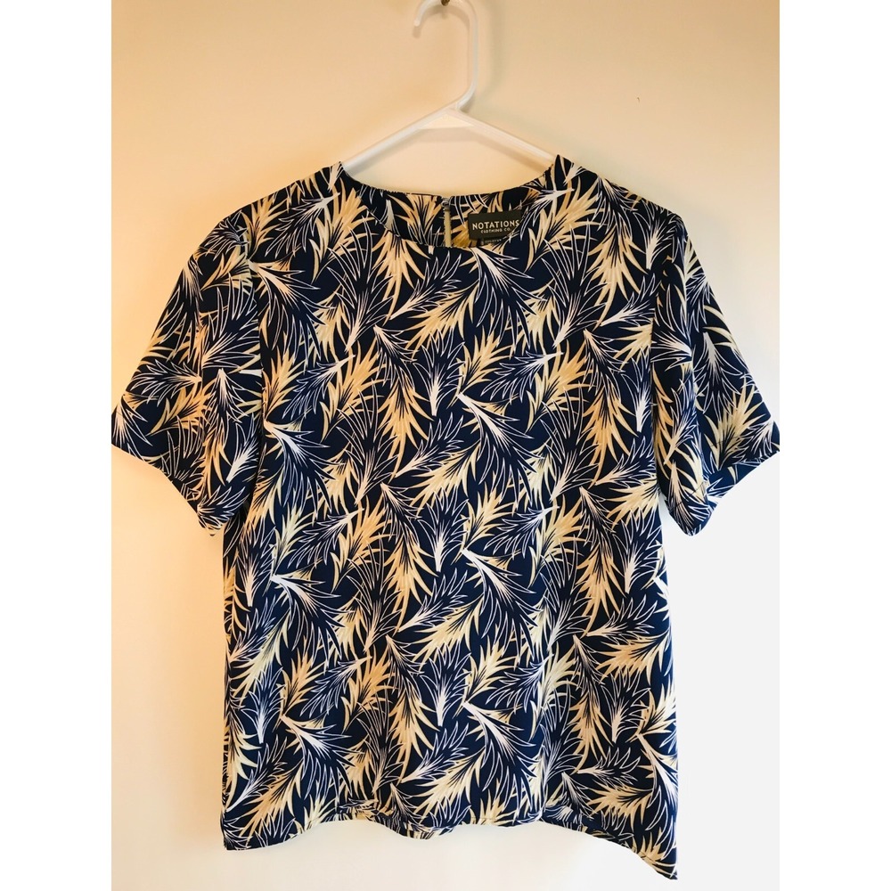 Notations Shirt Womens Size S Navy Blue Tan White Tropical Leaves Shoulder Pads